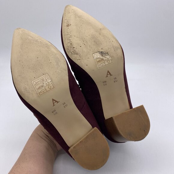Anthropologie Pointed Toe Pumps 8M Whipstitch Braided Wood Block Heel Suede Wine - Picture 12 of 14